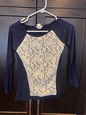 btween Navy Long Sleeve Top with Cream Lace Front